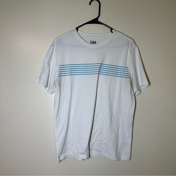 ⚫️ Lee Men's White Tee with Blue‎ Horizontal Stripes - Picture 1 of 3